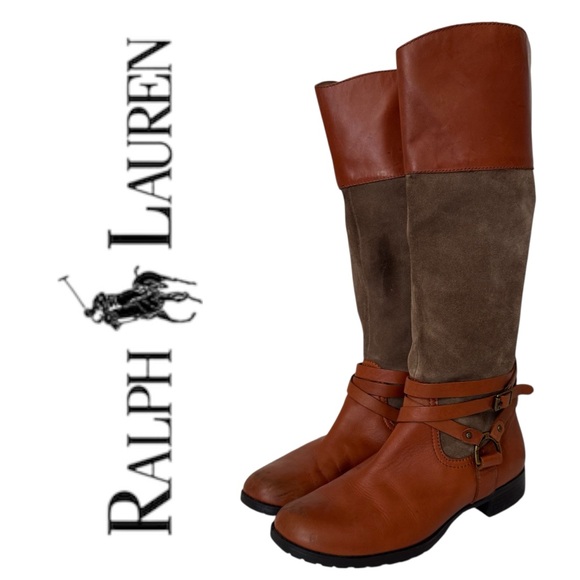 Ralph Lauren Chestnut and Taupe Riding Boots Suede Leather Wrap Hardware Riding - Picture 1 of 8
